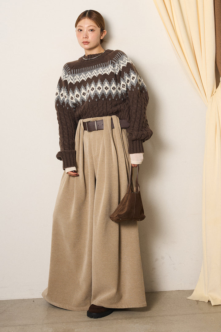 [SET]2WAY求心柄ジャガードショートカーディガン+ベルトループコーデュロイワイドパンツ+2WAY袖コード刺繍クルーネックプルオーバー(3set)
