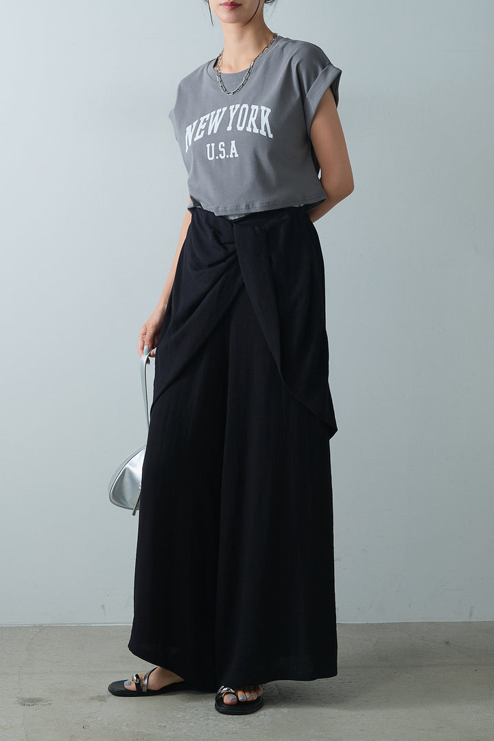 [SET]ショート丈NEWYORKロゴTシャツ+ねじりデザインワイドパンツ(2set)