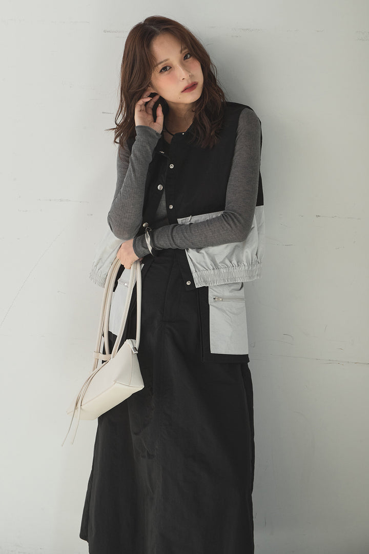 [SET]襟付きナイロンベスト+サイドデザインナイロンスカート(2set)