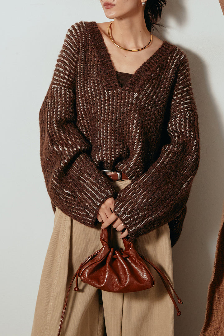 [SET]アルパカタッチ深Vニットトップス+タック入りコーデュロイワイドパンツ(2set)