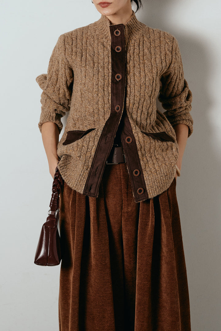 [SET]ボトルネックケーブルニットカーディガン+ベルトループコーデュロイワイドパンツ(2set)