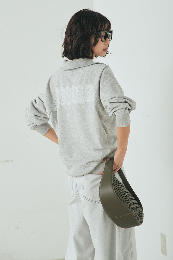 [SET]リバーレースハーフジップ裏毛スウェット+ツイル配色ステッチバレルパンツ(2set)