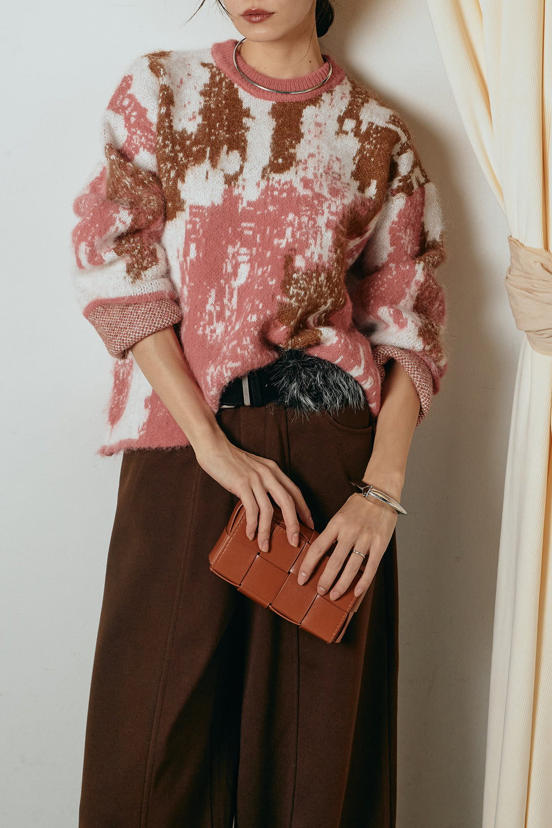 [SET]起毛ニュアンス柄ニットプルオーバー+ファーベルト付きワイドパンツ(2set)