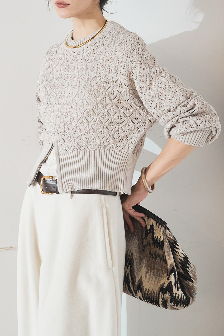 [SET]透かし編みニットジップスリットプルオーバー+ウールタッチカーブワイドパンツ(2set)