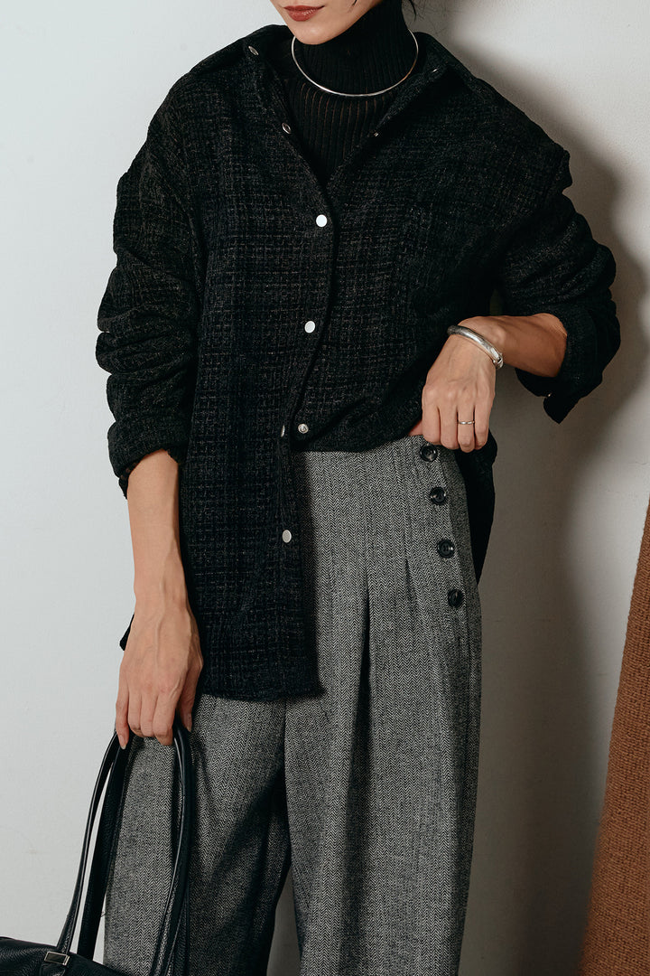 [SET]ルーズクラッシュツイルシャツ+サイドボタンツイードタックパンツ(2set)