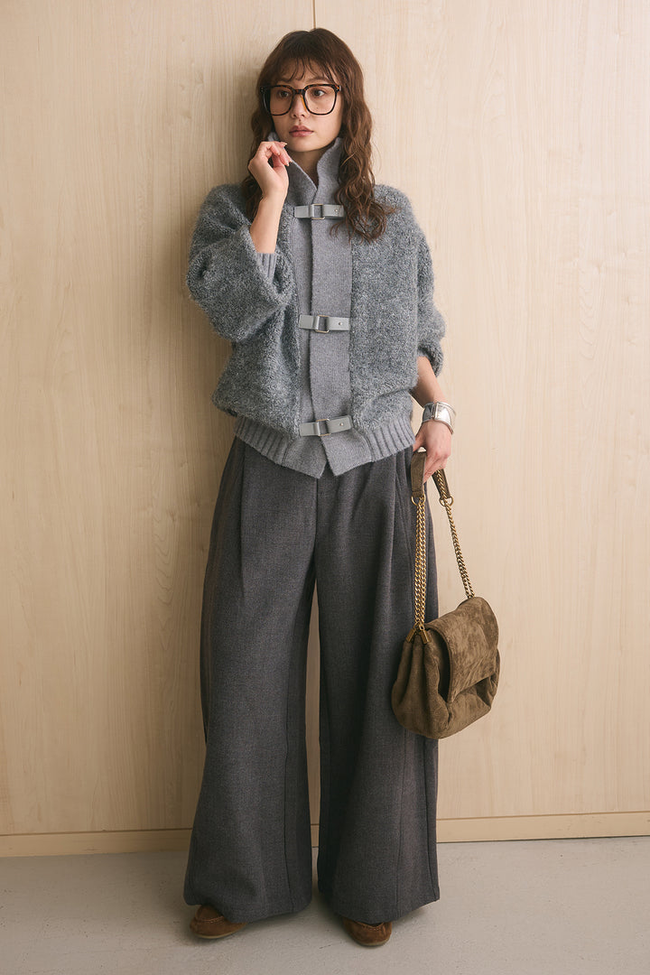 [SET]ブークレーハイネックニットジャケット+ポーチベルト付きカーブパンツ(2set)