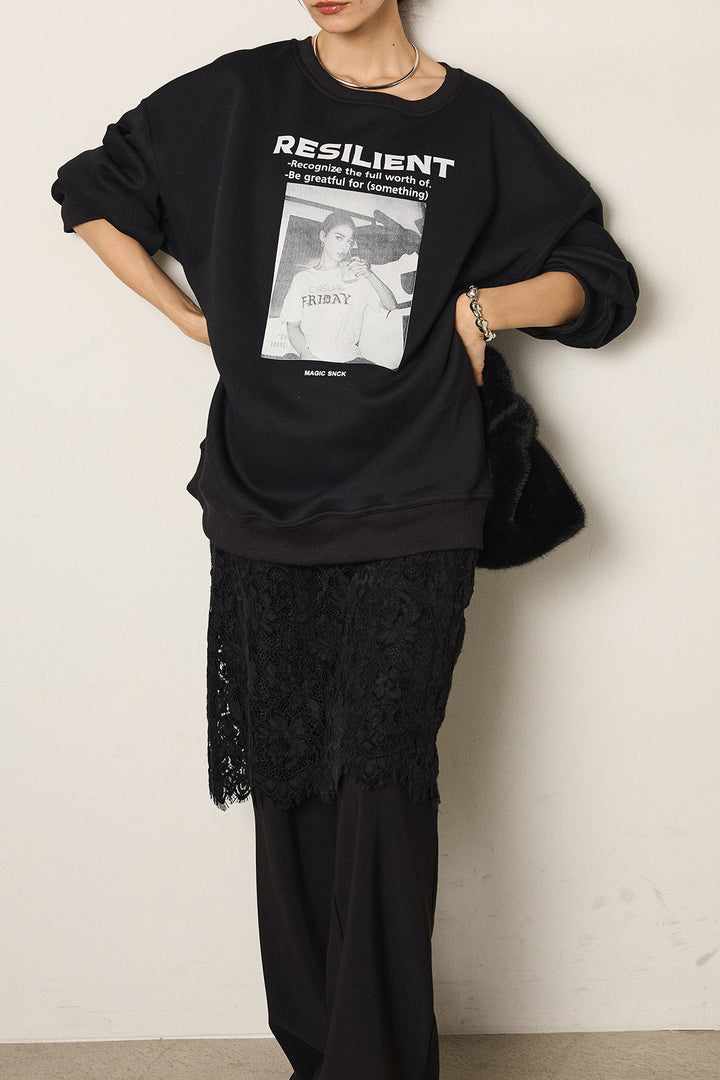 [SET]モノトーンプリントスウェット+レース刺繍レイヤードフレアパンツ(2set)