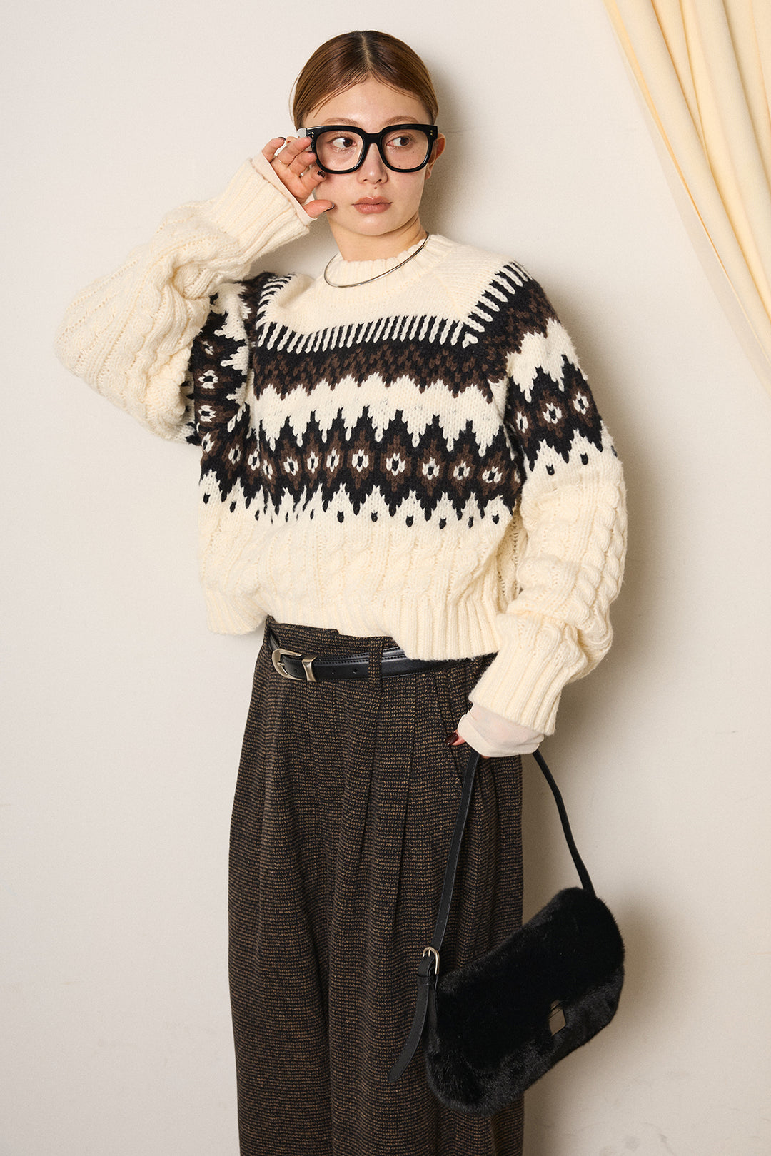 [SET]2WAY求心柄ジャガードショートカーディガン+起毛タック入りツイードワイドパンツ+2WAY袖コード刺繍クルーネックプルオーバー(3set)