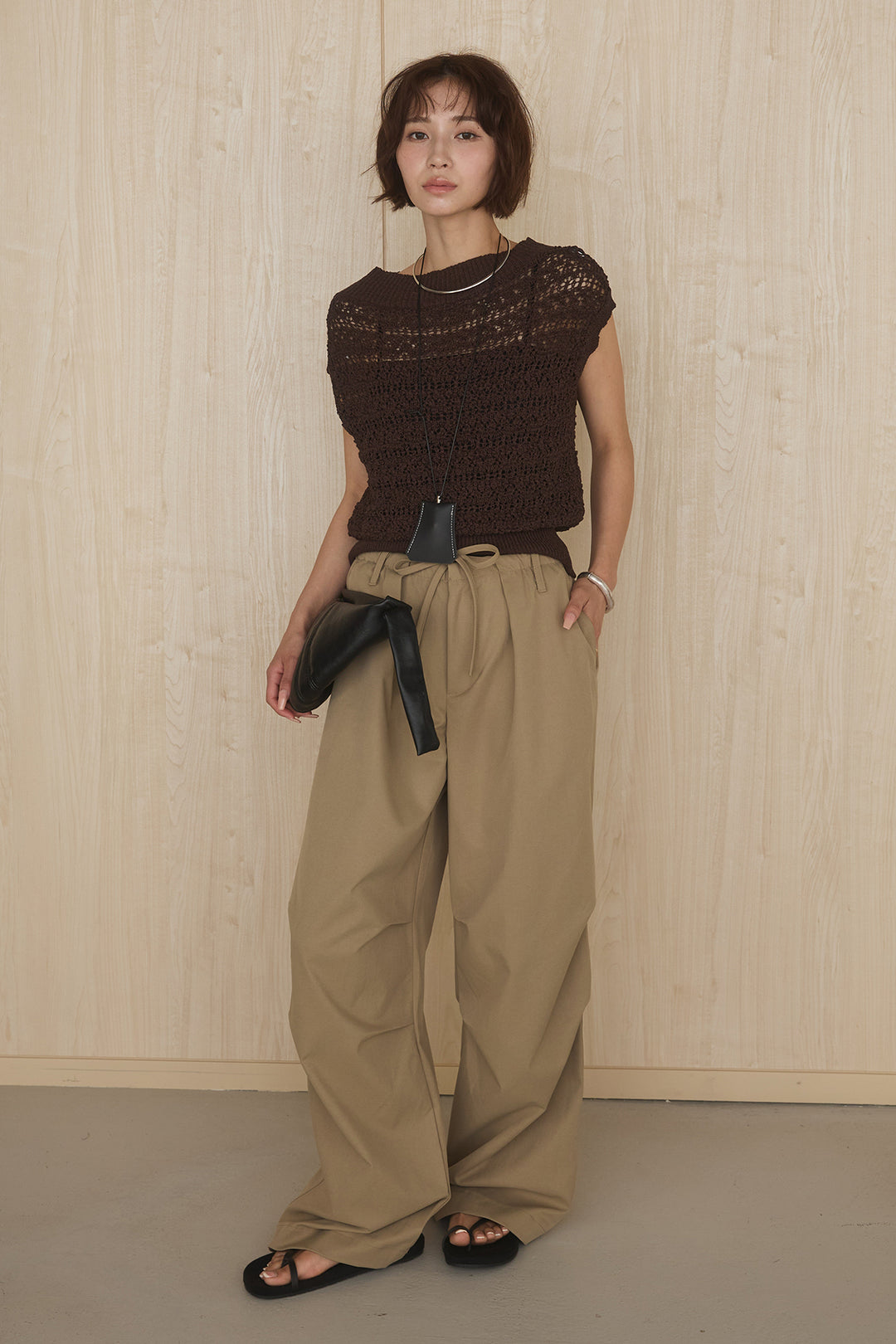 [SET]透かしレース編みフレンチニット+ニーサイドタックウエストドロストパンツ(2set)