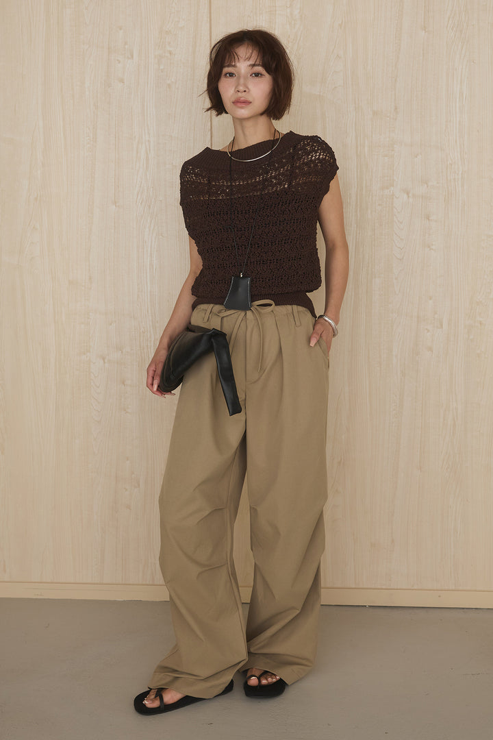 [SET]透かしレース編みフレンチニット+ニーサイドタックウエストドロストパンツ(2set)