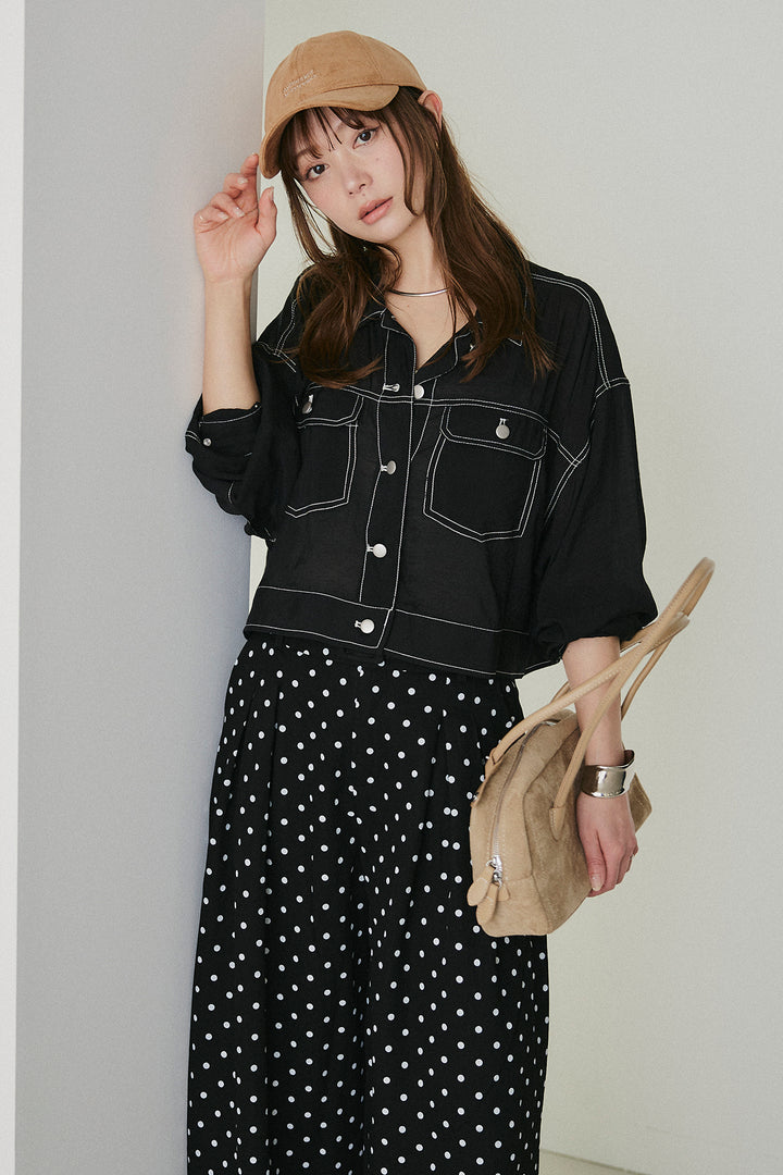 [SET]配色ステッチシアーシャツ+ベルト付きドット柄ワイドパンツ(2set)