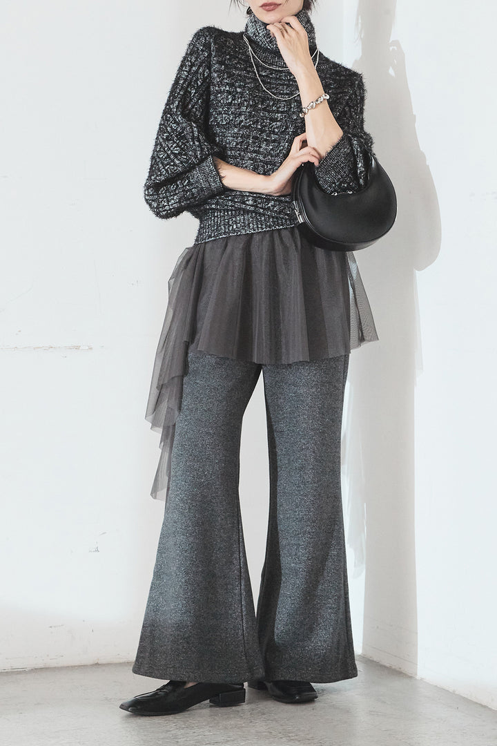 [SET]ミックス編みドルマンニットトップス+チュールレイヤードニットパンツ(2set)