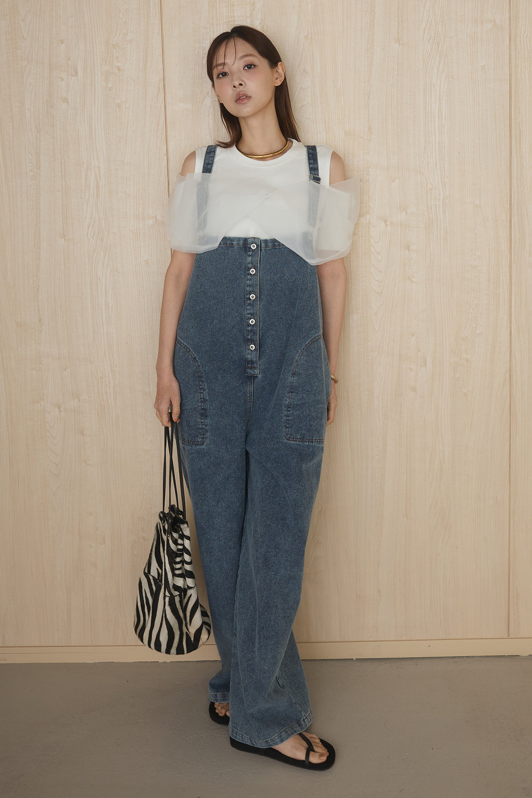 [SET]シアーレイヤーデザインカットソー+フロントボタンデニムサロペット(2set)