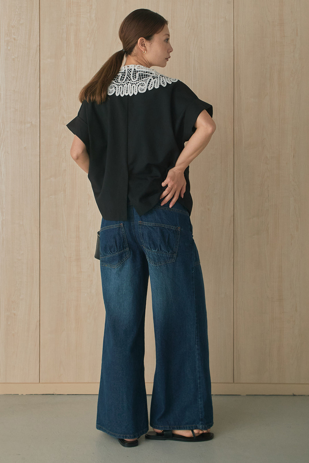 [SET]レースビックカラージャケット+デニムサロペットワイドパンツ(2set)