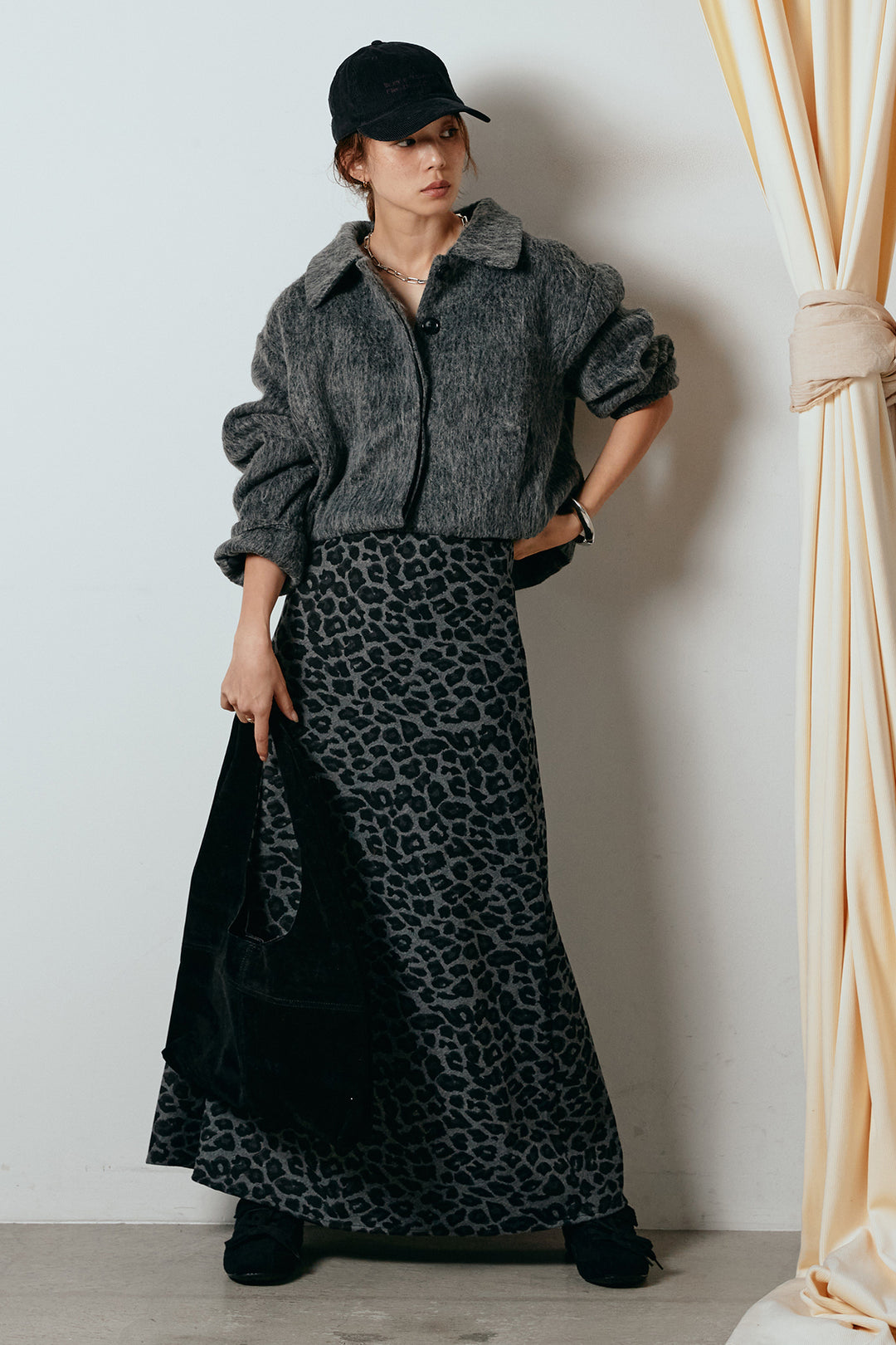 [SET]シャギーショートジャケット+レオパードロングスカート(2set)