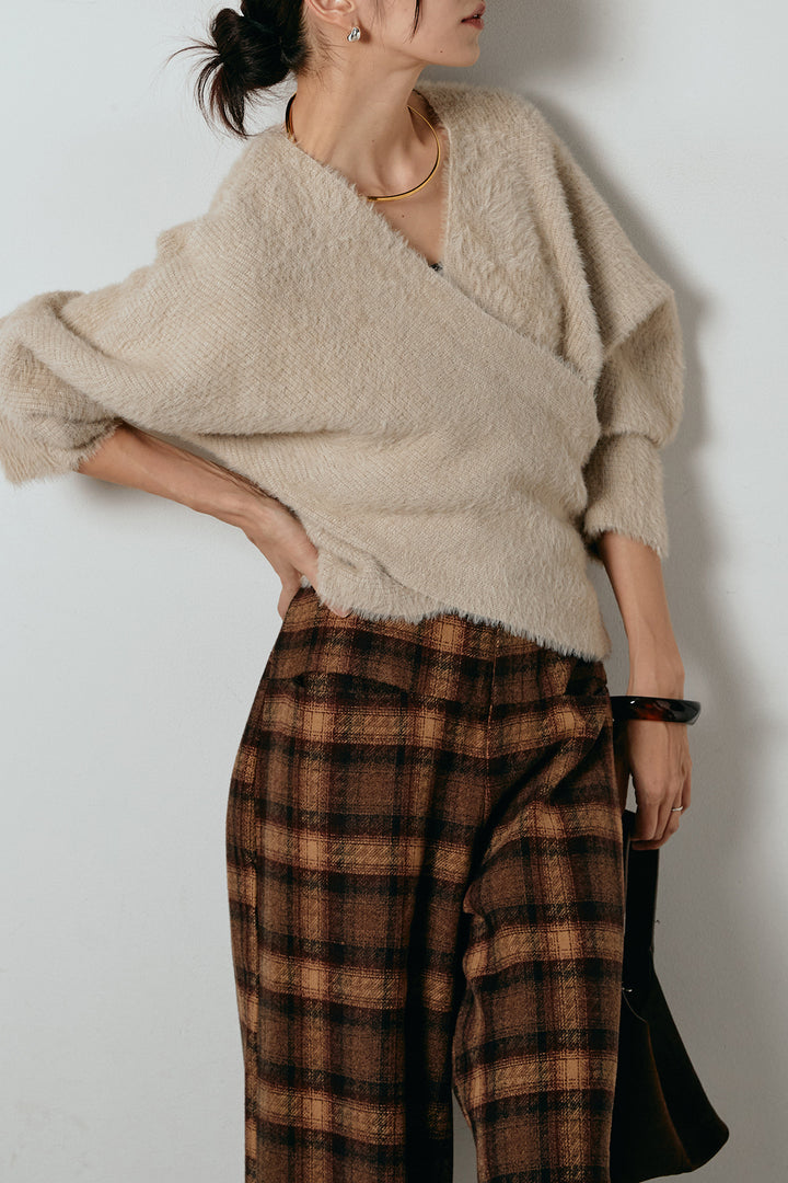 [SET]シャギーカシュクールニットトップス+ルーズタータンチェックワイドパンツ(2set)