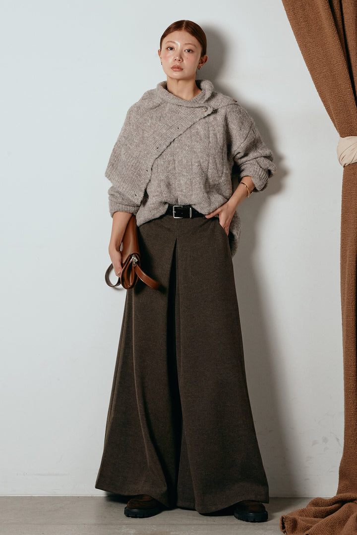 [SET]ケープデザインケーブルニットトップス+ベルト付きフロントタックデザインパンツ(2set)