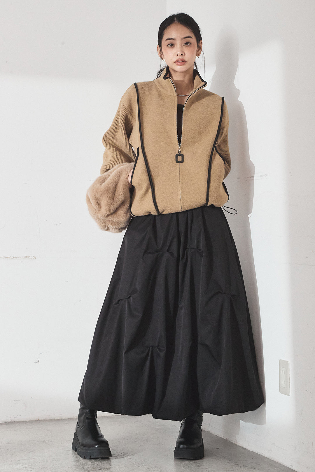 [SET]ハイネックパイピングデザインブルゾン+ランダムタックバルーンスカート(2set)