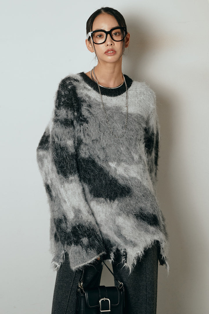 [SET]起毛裾デザインニュアンス柄ニットトップス+センターラインニットパンツ(2set)