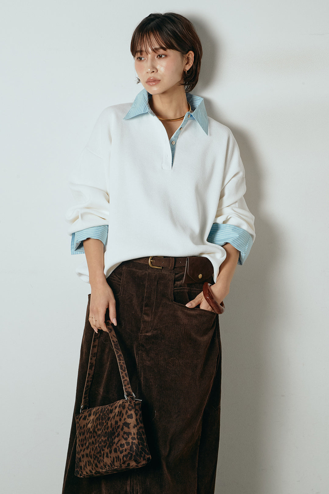 [SET]ストライプシャツドッキングポロトップス+ポーチベルト付きコーデュロイワイドスカート(2set)