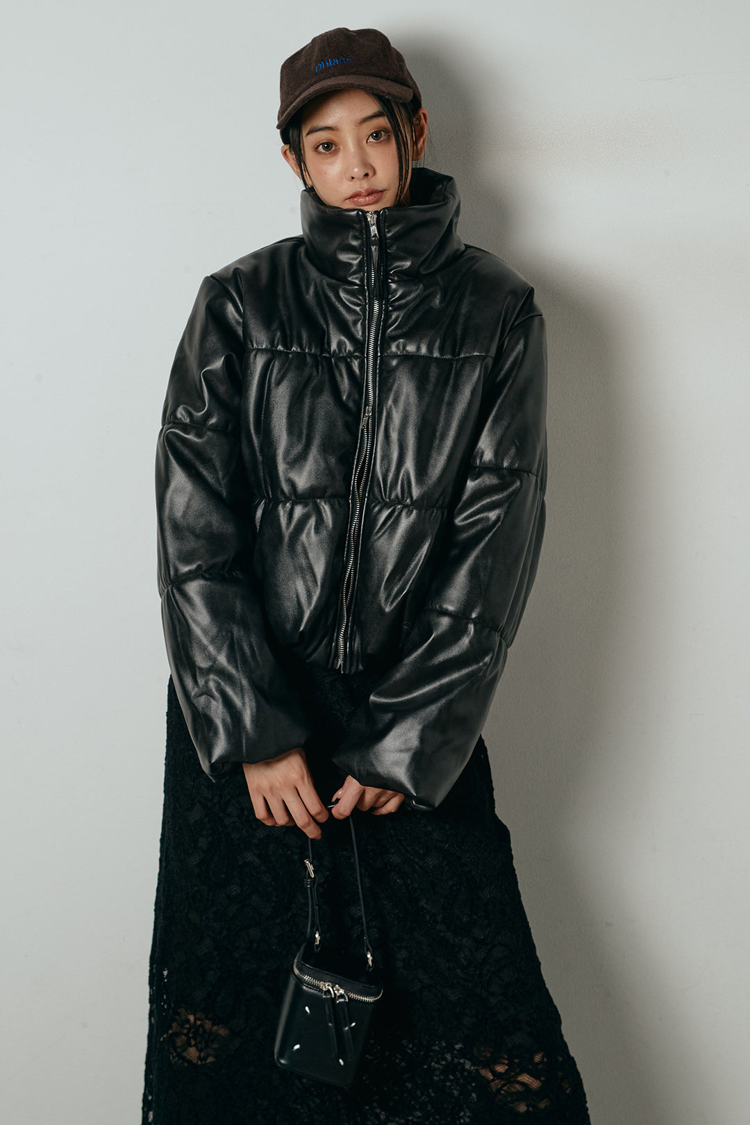 [SET]レザーライクWジップスタンドカラー中綿ブルゾン+総レース刺繍スカート(2set)