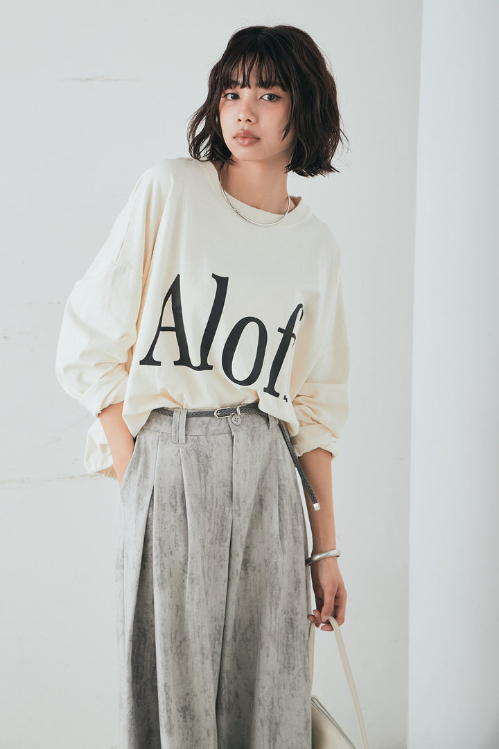 [SET]裾センタードロストロゴプリントワイドTシャツ+紐ベルト付きかすれ柄ワイドスラックス(2set)