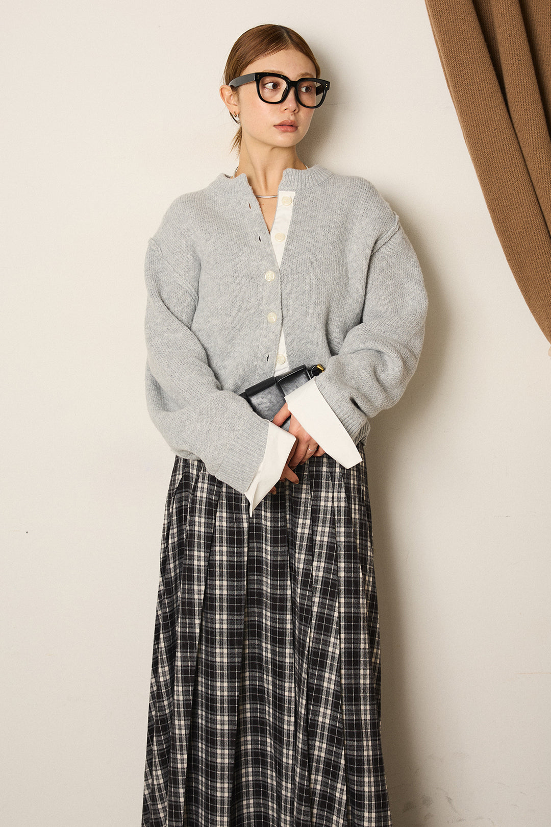 [SET]シャツドッキングニットカーディガン+ベルト付きタータンチェックプリーツスカート(2set)
