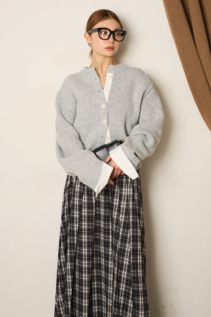 [SET]シャツドッキングニットカーディガン+ベルト付きタータンチェックプリーツスカート(2set)