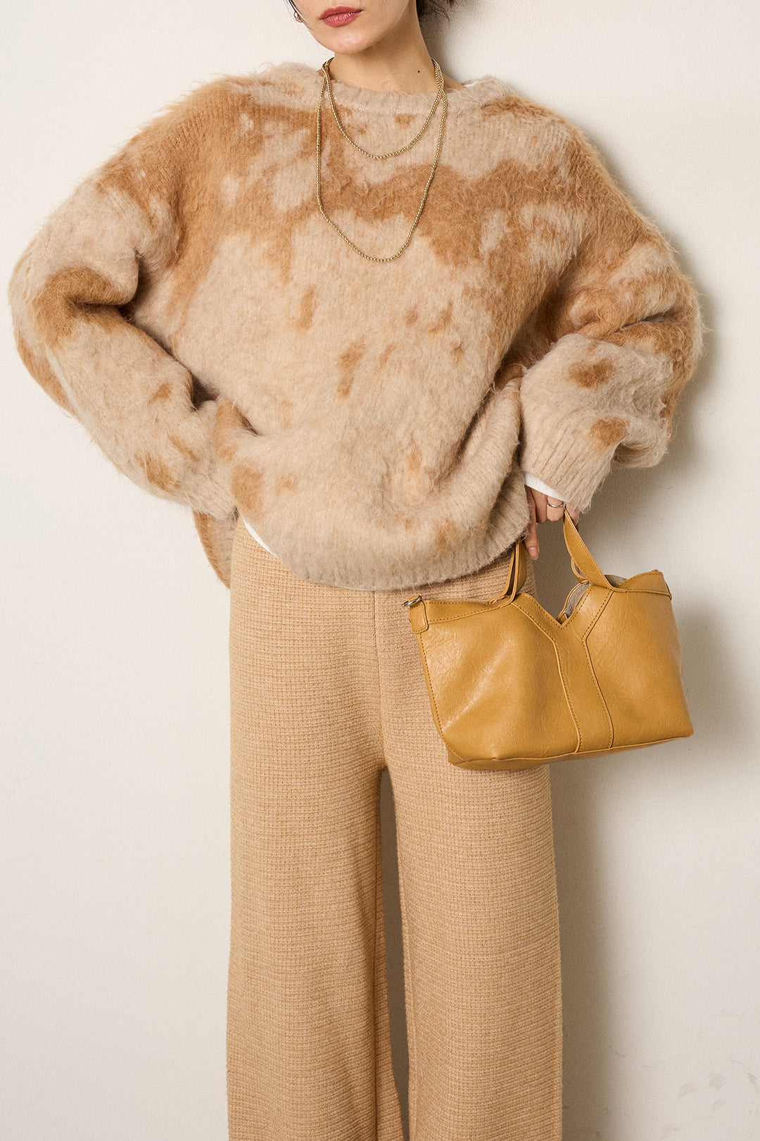 [SET]モヘアタッチマーブルニット+ワイドリブニットイージーパンツ(2set)