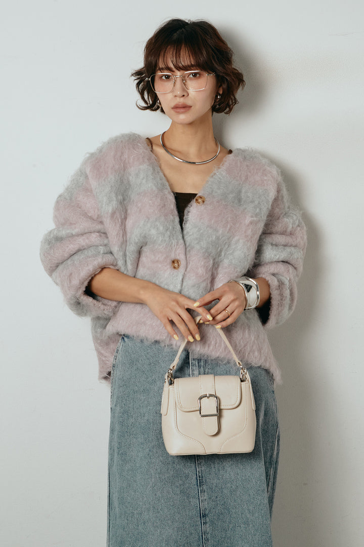 [SET]シャギーボーダー柄ニットカーディガン+デニムロングフレアスカート(2set)