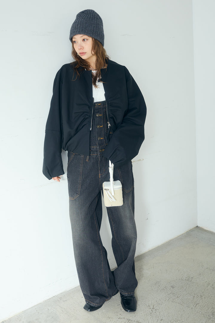 [SET]ノーカラーフロントギャザージップアウター+デニムサロペットワイドパンツ(2set)