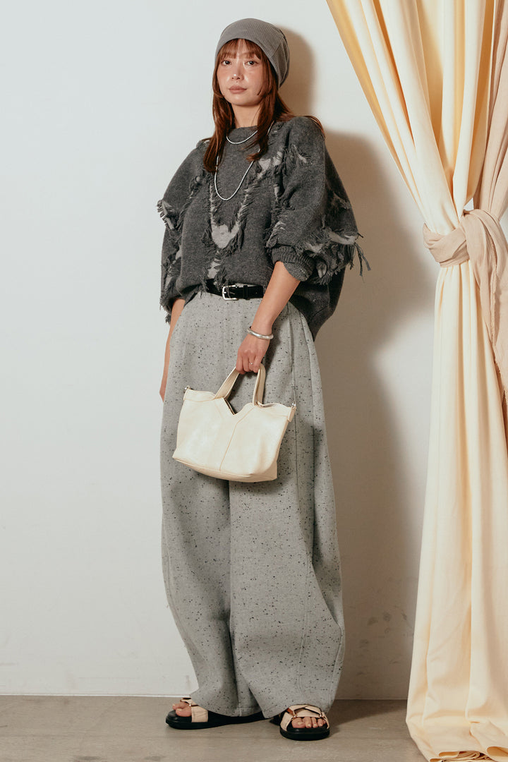 [SET]シャギージャガードニットトップス+ベルト付きネップツイードカーブパンツ(2set)