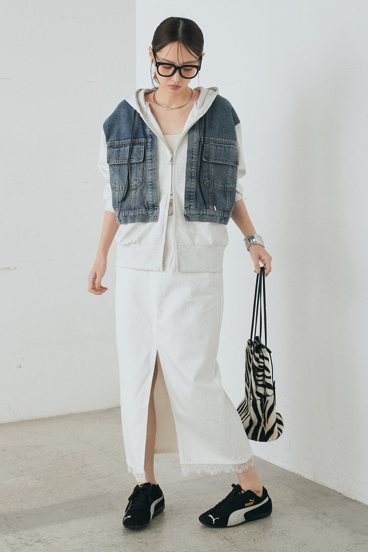 [SET]デニム切替ポンチダブルジップパーカー+裾レースデザインデニムスカート(2set)