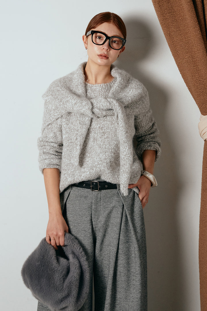 [SET]スカーフ付きミックスニットトップス+細ベルト付き起毛タックワイドパンツ(2set)