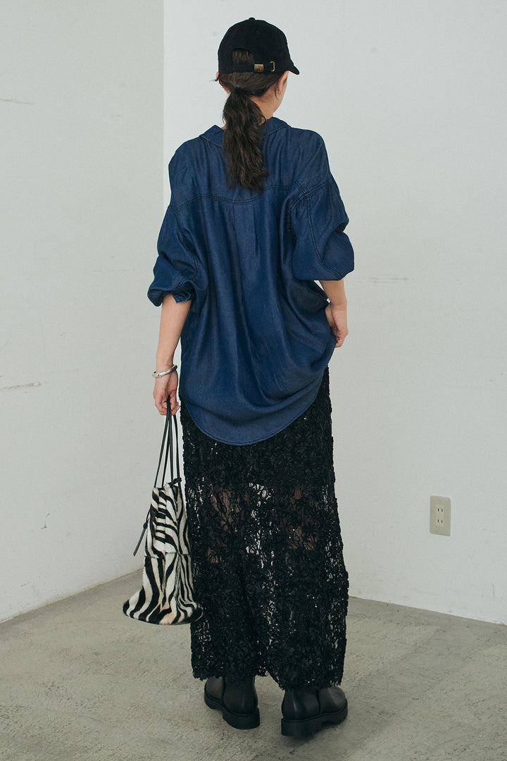 [SET]テンセルデニムシャツ+ラメ刺繍デザインスカート(2set)