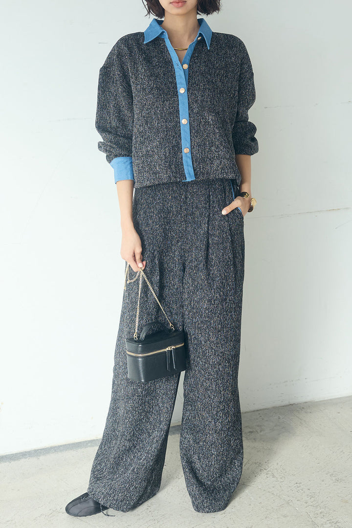 [SET]ツイード×デニムショート丈シャツ+ツイード×デニムハイウエストラインロングパンツ(2set)