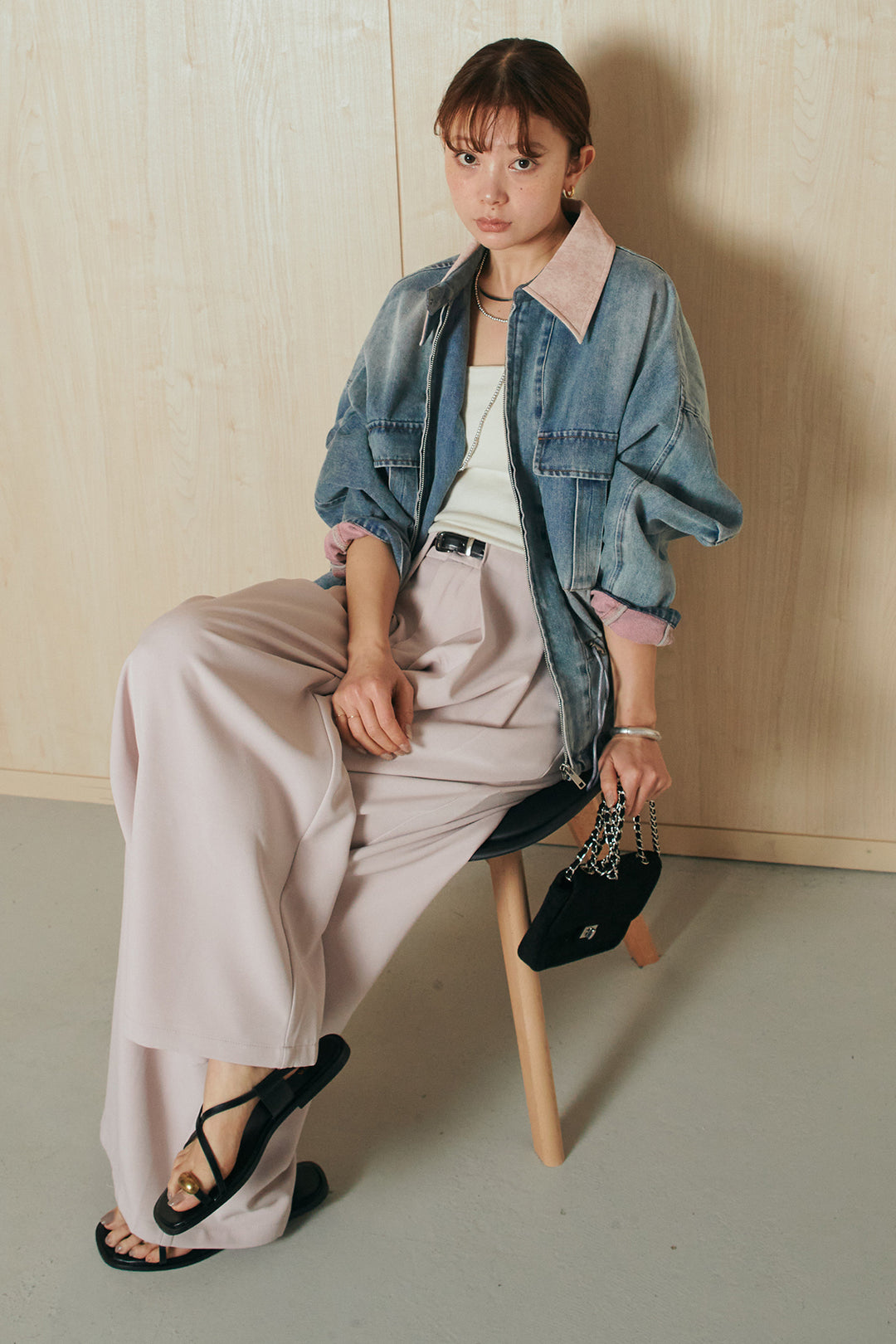 [SET]襟付き配色デニムブルゾン+ビックベルトループタックベルト付きワイドパンツ(2set)