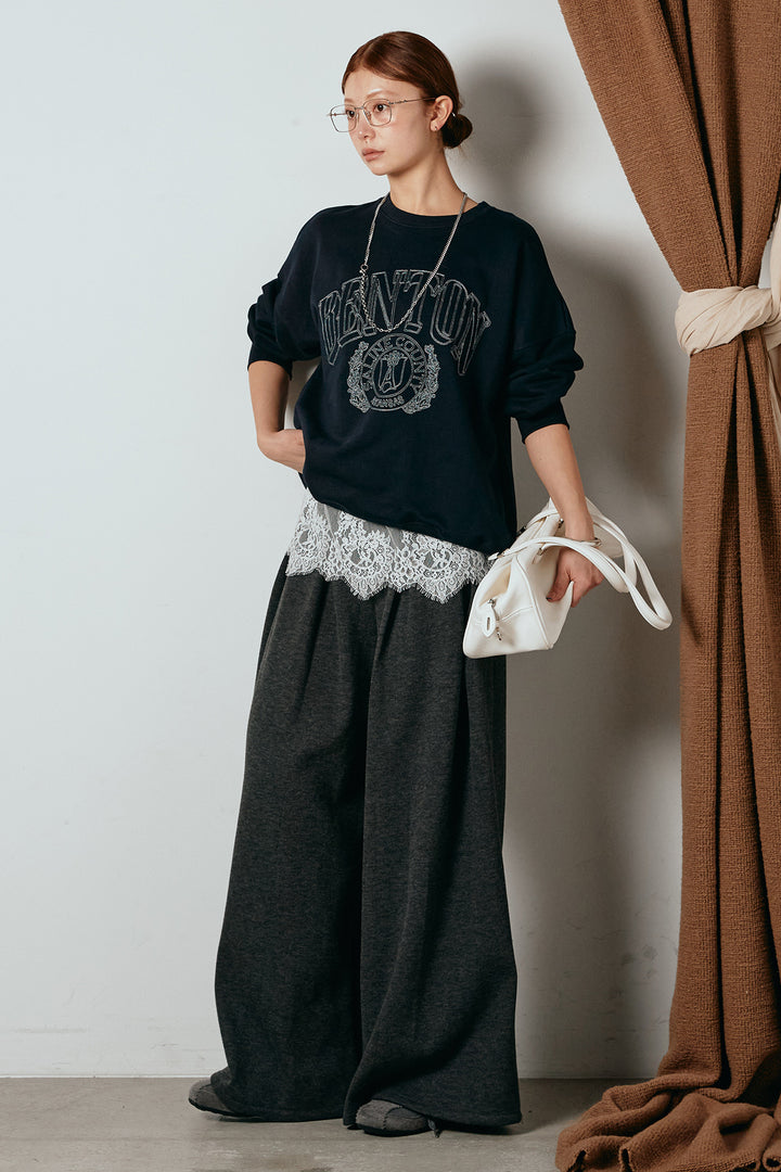 [SET]フロントロゴスウェットプルオーバー+フェイクレザー太ベルト付きタックワイドパンツ(2set)