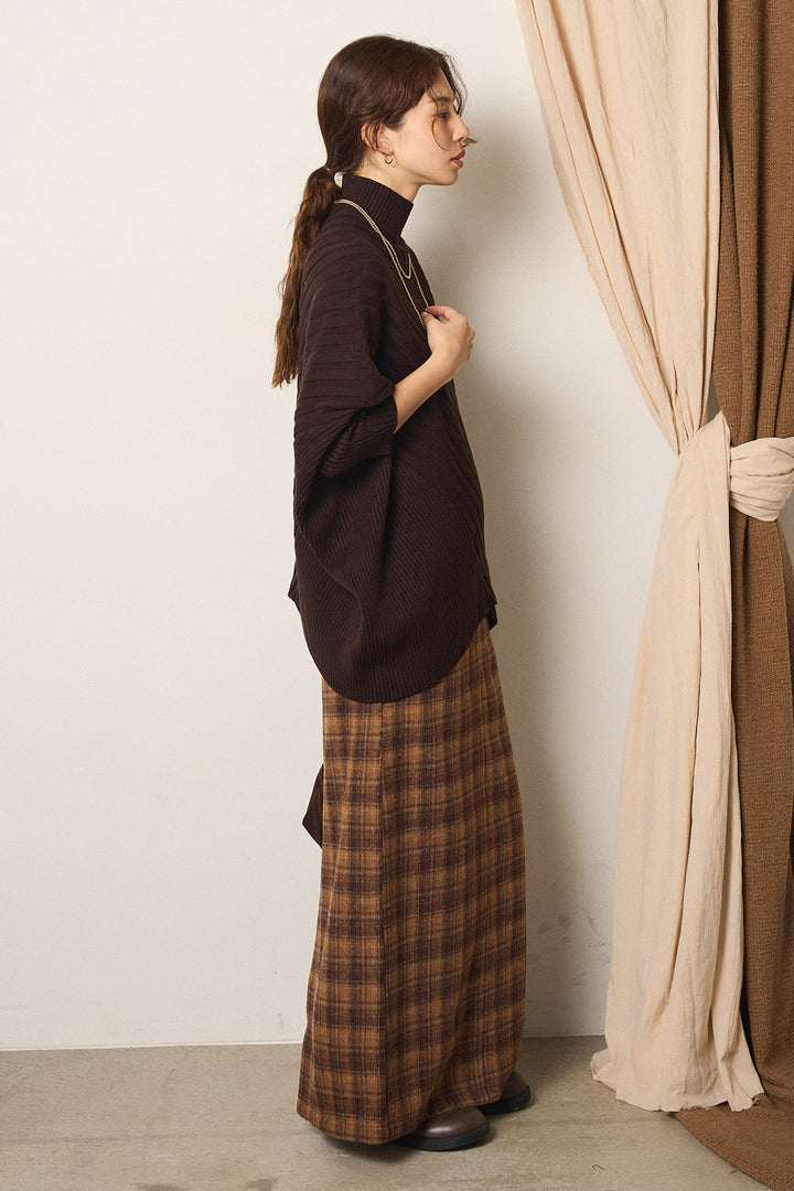 [SET]アシメデザインリブポンチョニットトップス+シャギーチェックストレートスカート(2set)