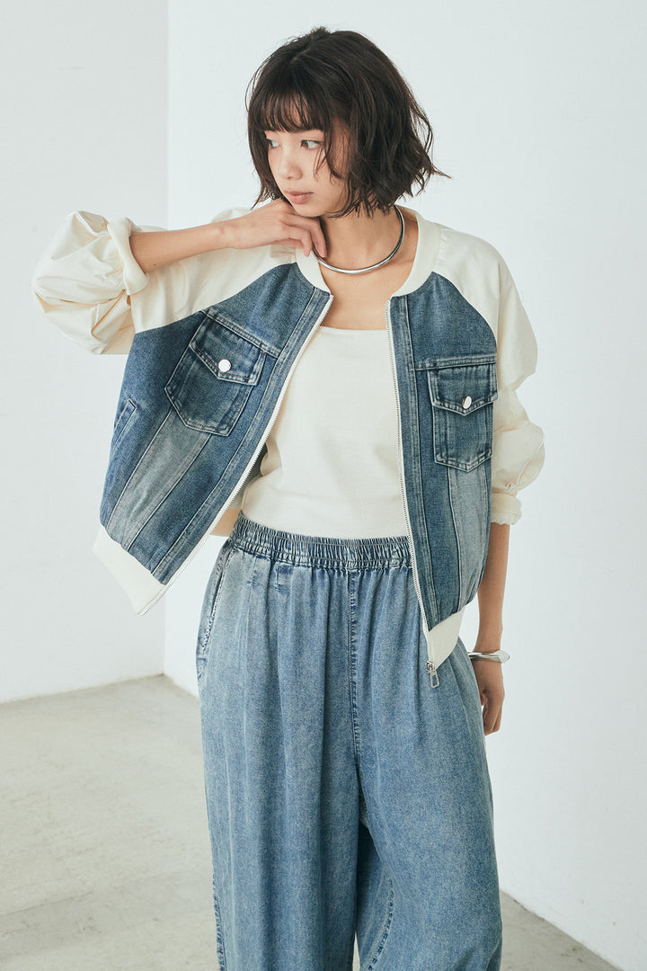 【着回しセット】[SET]テンセルデニムシャツ+テンセルデニムイージーワイドパンツ+ナイロンデニムドッキングブルゾン(3set)