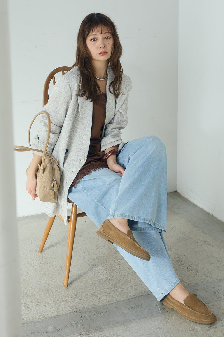 [SET]スラブネップツイードフリンジテーラードジャケット+ウエスト裁ち切りデニムワイドパンツ(2set)