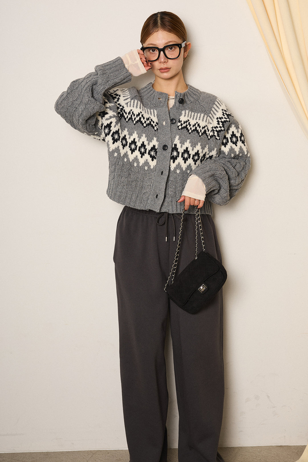 [SET]2WAY求心柄ジャガードショートカーディガン+裏起毛スウェットワイドパンツ(2set)