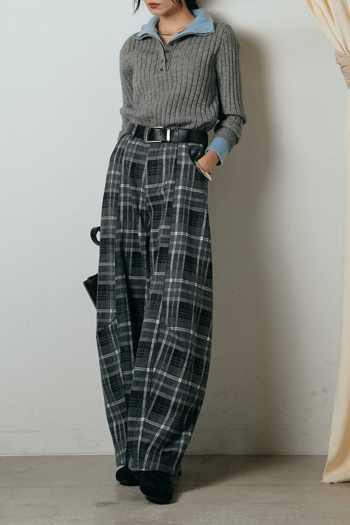 [SET]レイヤード風リブニットトップス+ベルト付きタータンチェックカーブワイドパンツ(2set)