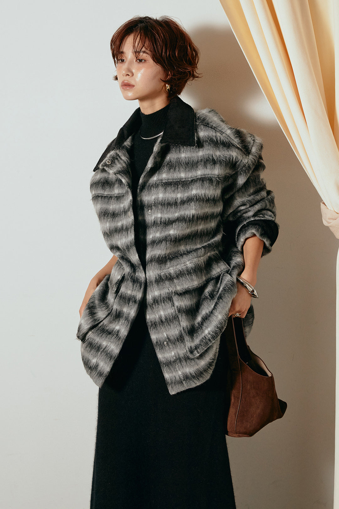 [SET]チェックシャギーミドルカバーオール+ノースリーブニットロングワンピース(2set)