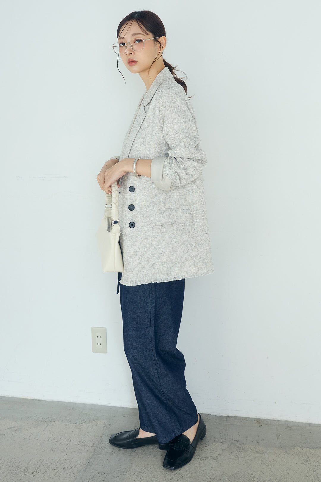 [SET]スラブネップツイードフリンジテーラードジャケット+デニムペプラムコンビネゾン(2set)