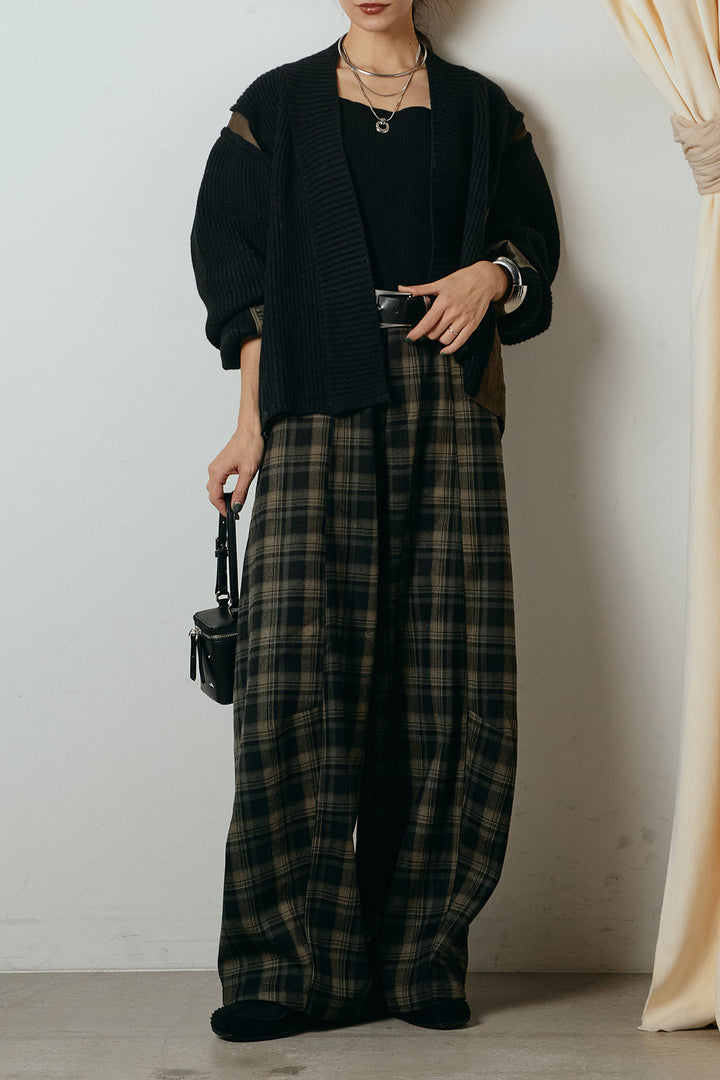 [SET]キルティング切り替えニットカーディガン+ベルト付きタータンチェックカーブワイドパンツ(2set)