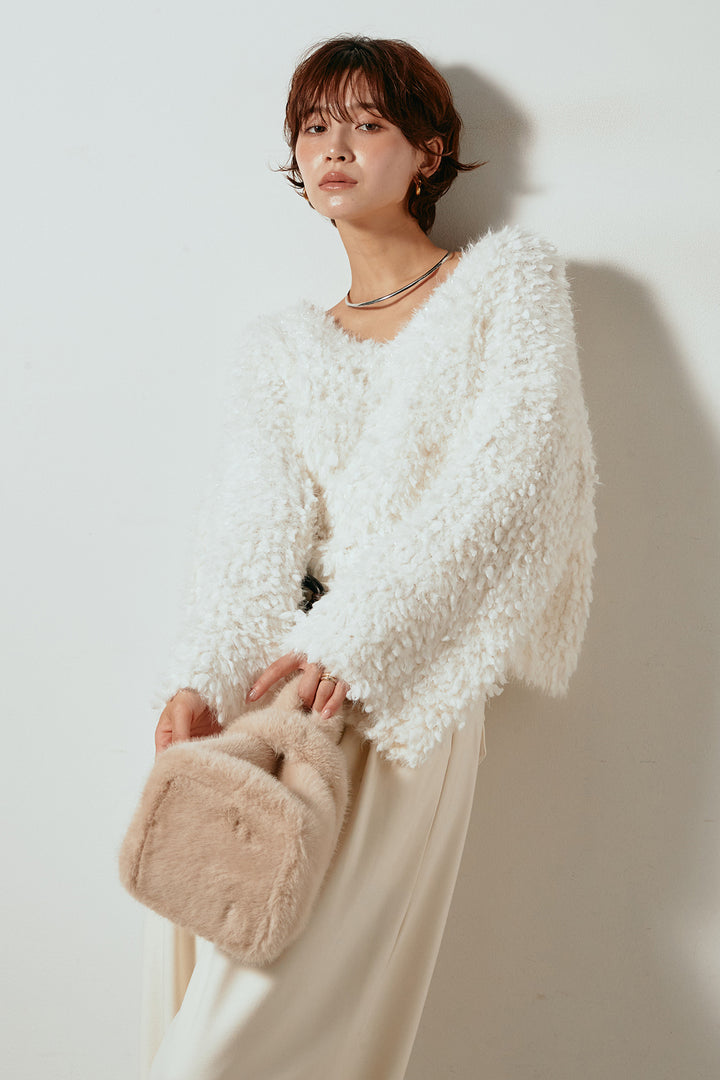 [SET]深Vネックチョウチョヤーンニットトップス+細フェイクレザーベルト付きワイドタックパンツ(2set)