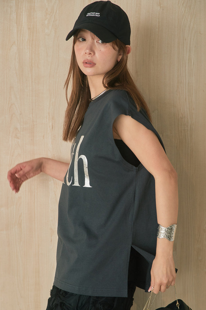 [SET]箔ロゴプリントノースリーブTシャツ+立体レースストレートパンツ(2set)