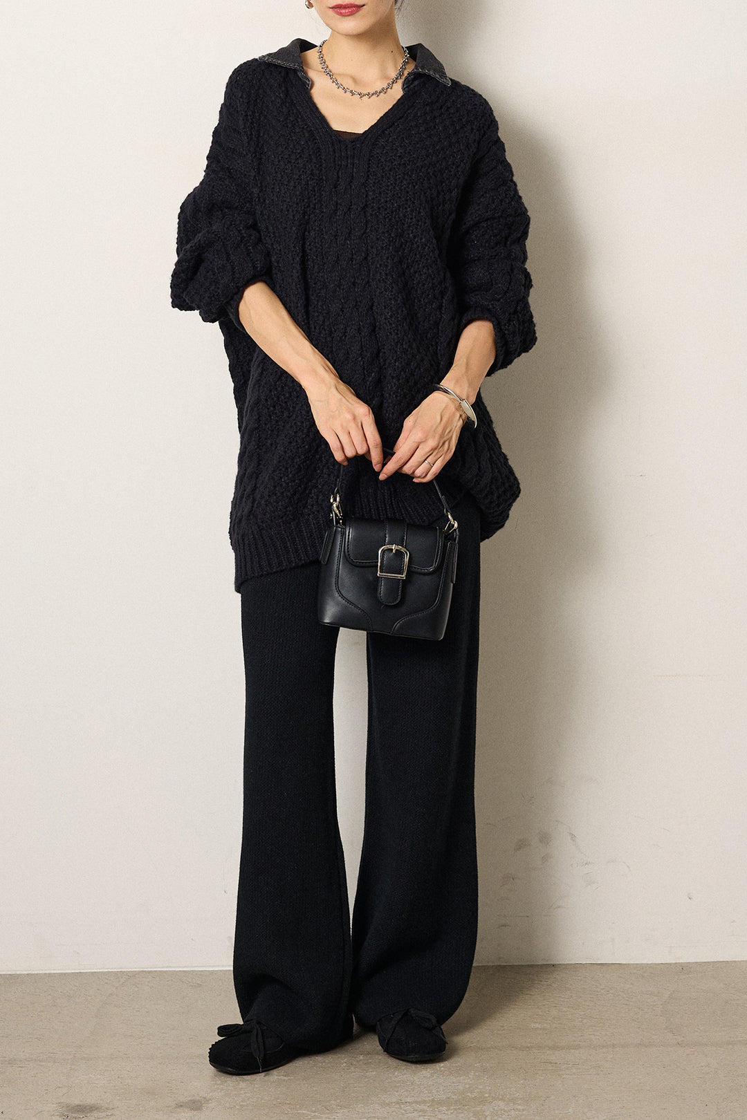 [SET]デニムカラーケーブルオーバーニット+ワイドリブニットイージーパンツ(2set)