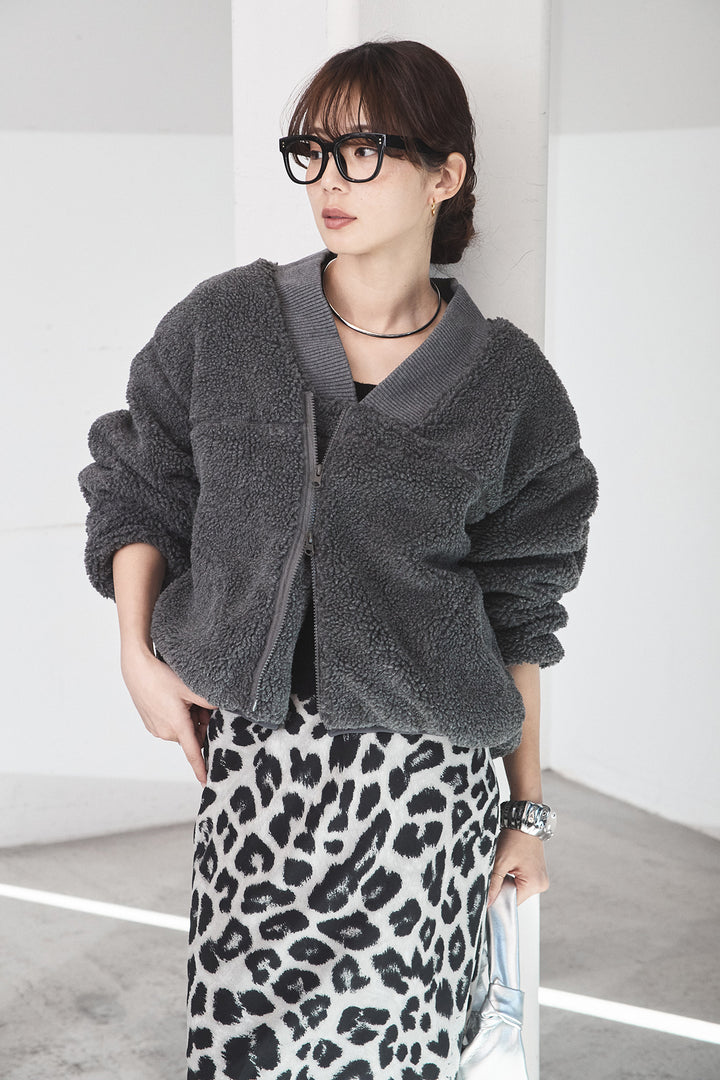 [SET]ノーカラーリブボアアウター+レオパードサテンナロースカート(2set)